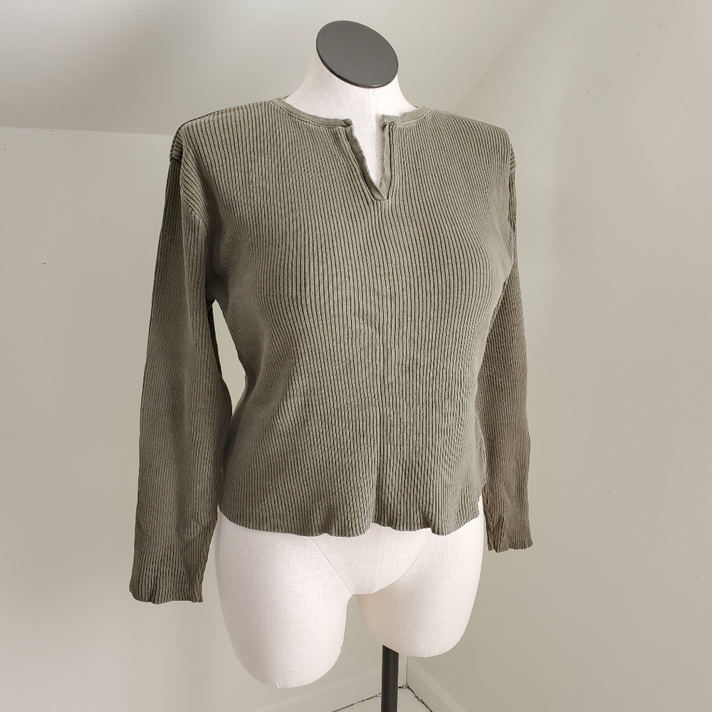 90s Vintage Pierre Cardin Olive Green Ribknit Long Sleeve Top size L
